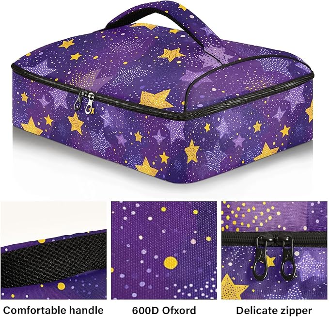 Casserole Carrier Stars Purple and Yellow PrintInsulated Casserole Carrier for Hot or Cold Food Thermal Lunch Tote for Potluck Parties Picnic Beach Fits 9 x 13 Inches Baking Dish