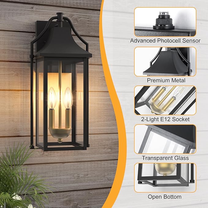 𝟏𝟖𝑰𝑵 Outdoor Wall Sconce Fixture Dusk to Dawn Patio Lights Waterproof Exterior Lanterns 2-Light Modern Wall Lights Mounted with Glass Black Outside Light for House Front Door Decor