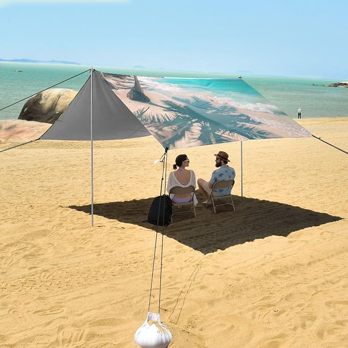 Beach with Palm Trees Beach Tent Sun Shelter 9.2' x 10.5' Beach Canopy with 4 Sandbags 4 Stability Poles Sand Shovels - Tent Canopy for Beach Camping Fishing Picnics