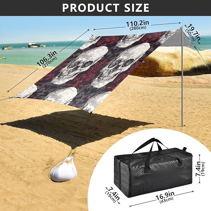 Skull Pattern Beach Tent Sun Shelter 9.2' x 10.5' Beach Canopy with 4 Sandbags 4 Stability Poles Sand Shovels - Tent Canopy for Beach Camping Fishing Picnics
