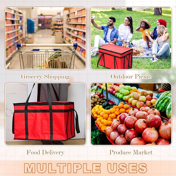 10 Pcs Insulated Food Delivery Bags XXXL Pizza Delivery Catering Bags Large Capacity Cooler Carrier with Handle for Hot and Cold Food Grocery Travel Lunch Shopping Red