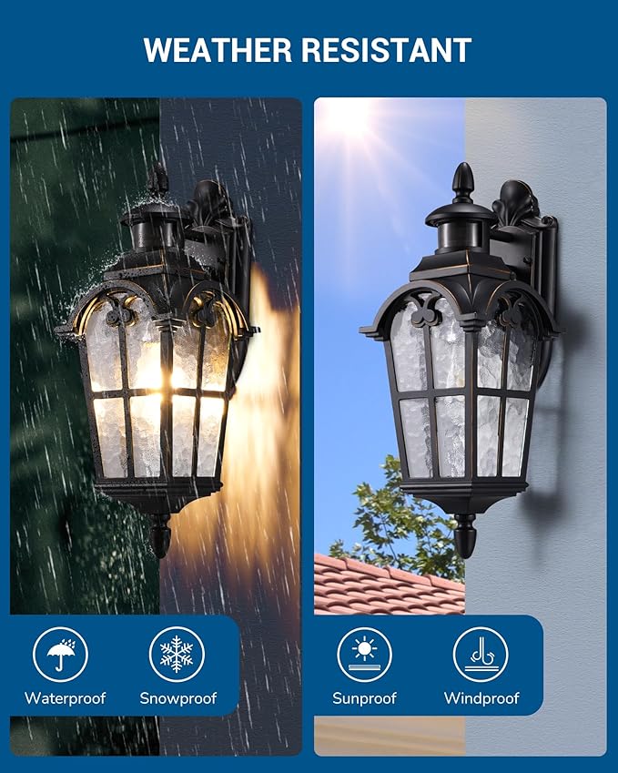 DEWENWILS Motion Sensor Outdoor Wall Lights Dusk to Dawn Exterior Light Fixture Wall Mount Outdoor Porch Light with Water Ripple Glass Wall Sconce Lantern for House Garage Patio