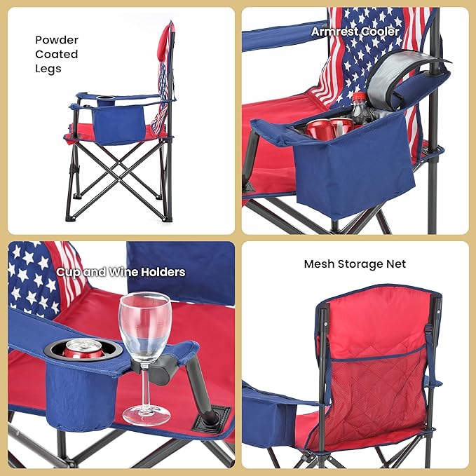 ARROWHEAD OUTDOOR Portable Deluxe Folding Camp Quad Chair w/Headrest Glass &amp Cup Holders Armest 6-can Cooler Heavy Duty Carry Bag 550 lbs Weight Capacity