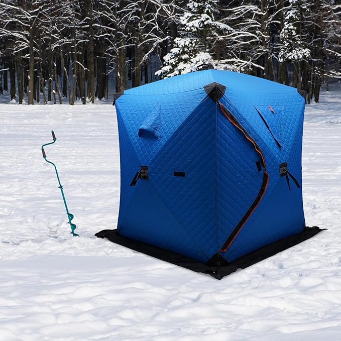 Portable 1-2 Person Ice Fishing Tent Ventilated Double Window Fishing Tent with Ice Nails Windproof Ropes Packing Bag Handbag Warm Padded Cotton Fleece Canvas