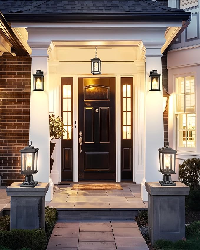 VIANIS Post Lights Outdoor 2 Pack Outdoor Post Lights Dusk to Dawn Black Pole Lights Outdoor with Tempered Glass Post Lantern for Garden Driveway Entryway Anti-Rust (Hardwired Non-Solar)