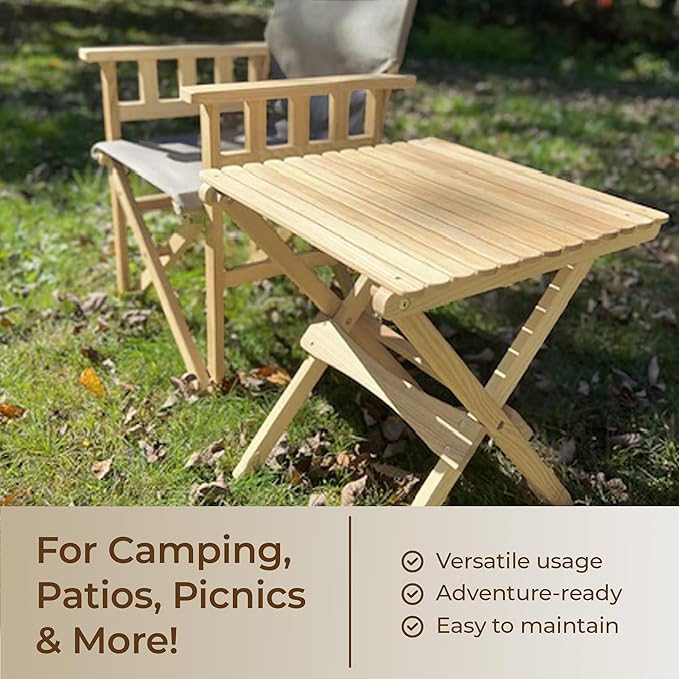 BYER OF MAINE Pangean Folding Wooden Side Table – 22 L x 20 W x 20 H Folding Ash Wood Table for Patio Porch Balcony Camping &amp Garden Use