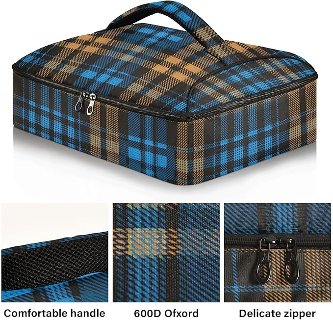 Casserole Carrier Blue and Brown Tartan Pattern Insulated Casserole Carrier for Hot or Cold Food Thermal Lunch Tote for Parties Picnic Travel Carry Bag