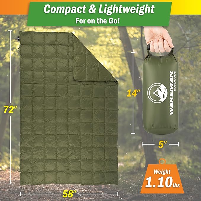 Down Camping Blanket Packable 78x52” Ultralight Compact Travel Blanket with Bag - Puffy Wearable Sleeping Gear for Camp Hiking Backpacking Stadium Festivals or Beach by Wakeman Outdoors (Green)