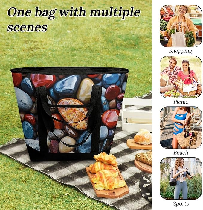 Insulated Shopping BagLarge Reusable Cooler Bags Color Stones Hippie Printed Foldable Shopping BagTravel Waterproof Shoulder Bag