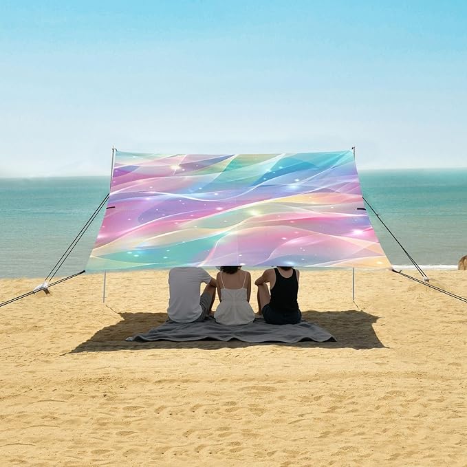 Bolaz Beach Canopy Tent Sun Shade9'×10.5' Large Family Beach Shade UPF50+- Outdoor Shade for Camping Trips FishingStreamer Flash Rainbow Gradient Pattern