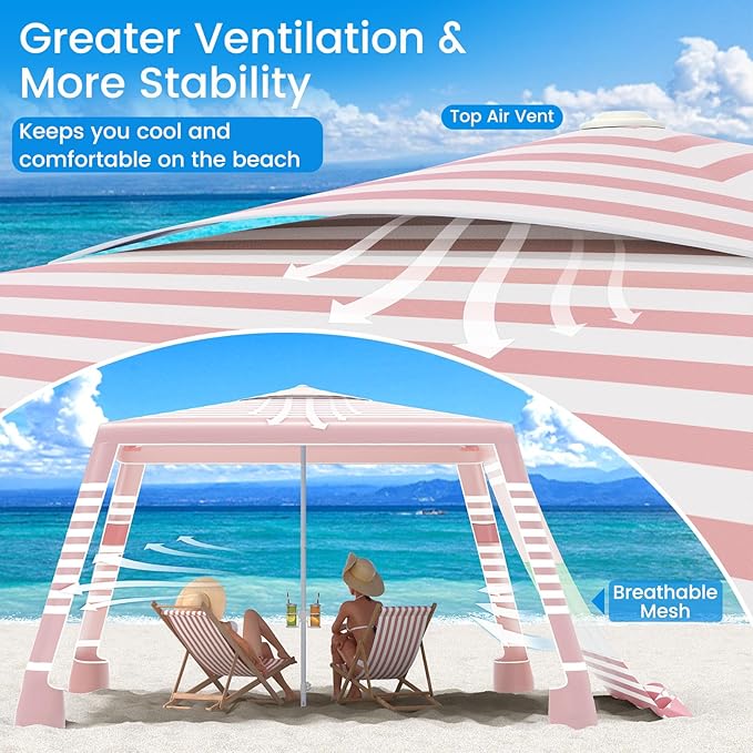 MoKo Beach Cabana 8'×8' Large Beach Canopy with Side Wall UPF 50+ Protection Easy Setup Beach Tent Sun Shelter Adjustable Height Wind Resistant Cabana Beach Tent for Whole Family Pink Stripe