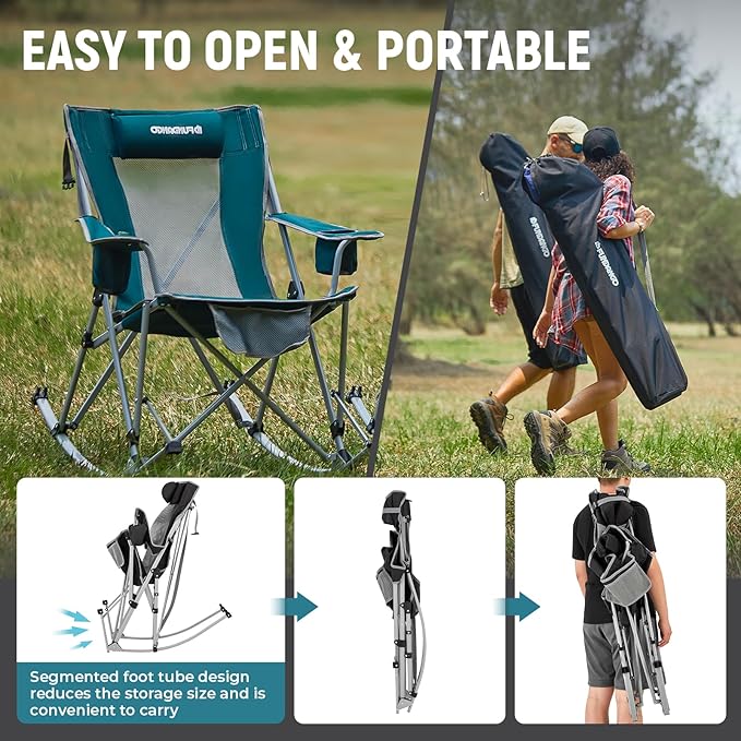 FUNDANGO Rocking Camping Chair 2 Pack High Mesh Back Portable Folding Camp Chairs with Pillows Cup Holder and Carry Bag for Lawn Patio Garden Outdoor Supports 300 Lbs (Green/Grey)