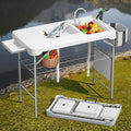 Folding Fish Cleaning Table with 2 Sinks 42.5'' Portable Camping Sink Table with Foldable Faucet Drainage Hose Sprayer Storage BoxDrawer &amp Grooves Outdoor Fillet Station for Picnic White