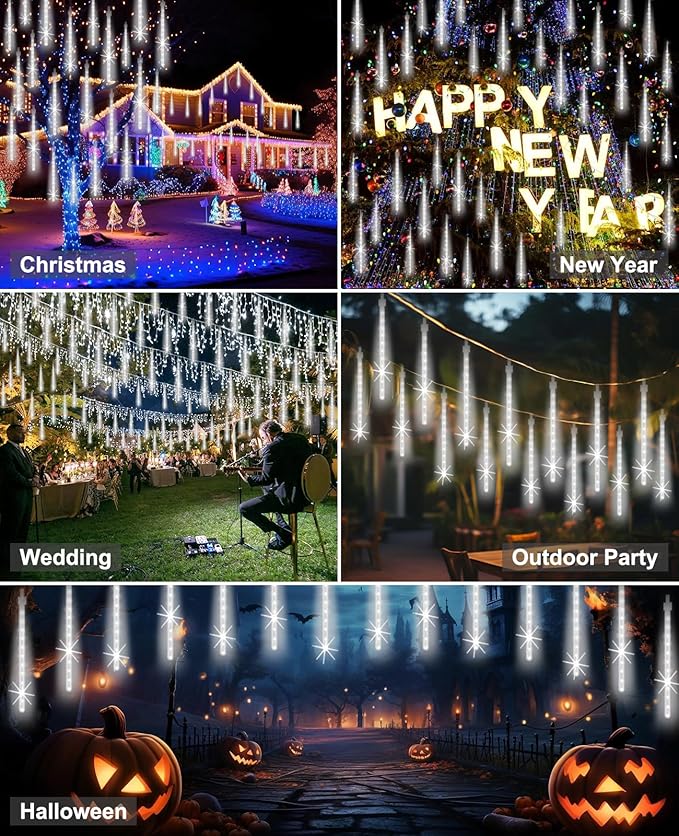 Christmas Lights Outdoor 16 Inch 20 Tubes Meteor Shower Rain Light Waterproof Falling Icicle String Lighting for Xmas Tree Yard House DecorShine White