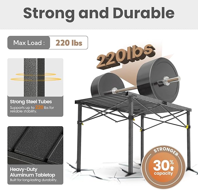 Portable Outdoor Camping Table Large for 2-6 Person - Foldable Camp Table with Aluminum Roll-Up Top &amp Carry Bag for BBQ Tailgating Backyard 220 Lbs Capacity Stable &amp Sturdy (Black)