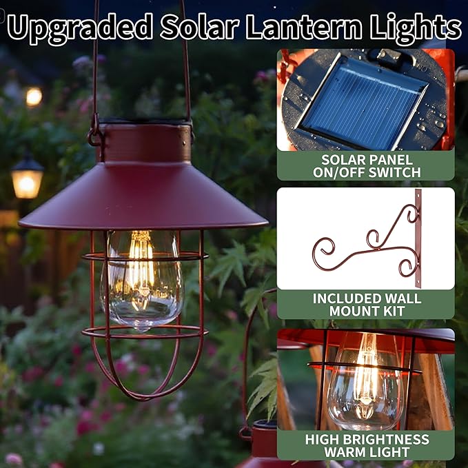 2 Pack Solar Lantern Hanging Waterproof Outdoor Metal Solar Lamp with Wall Hooks Warm White Light Decorate for Yard Garden Pathway Patio Porch Decor(Red)