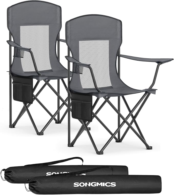 SONGMICS Breathable Camping Chairs Foldable Outdoor Chairs Set of 2 High Back Adjustable Armrests Drink Holder Weight Capacity 330 lb for Sports Garden Backyard Slate Gray UGCB028G01