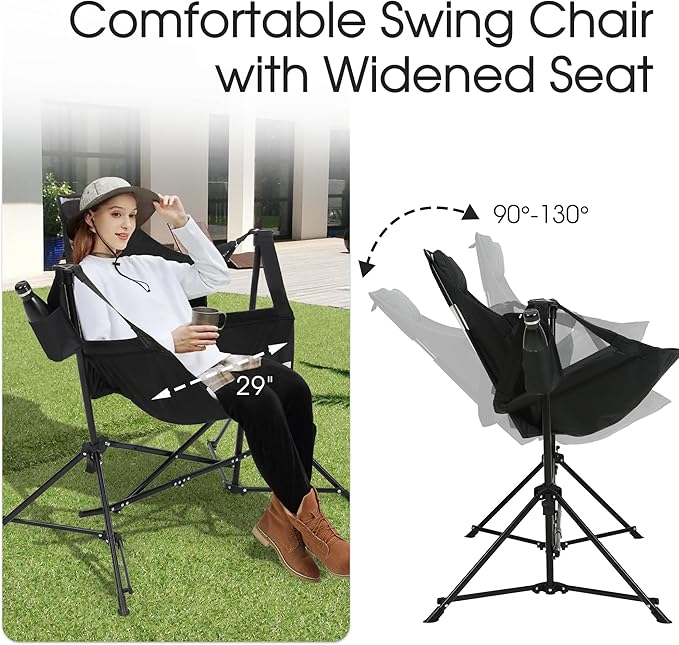 HOMEFUN Hammock Camping Chair - Portable Swinging Chairs for Adults with Stand and Storage Bag Oversized Folding Rocking for Lawn Camp Fishing Hiking Black