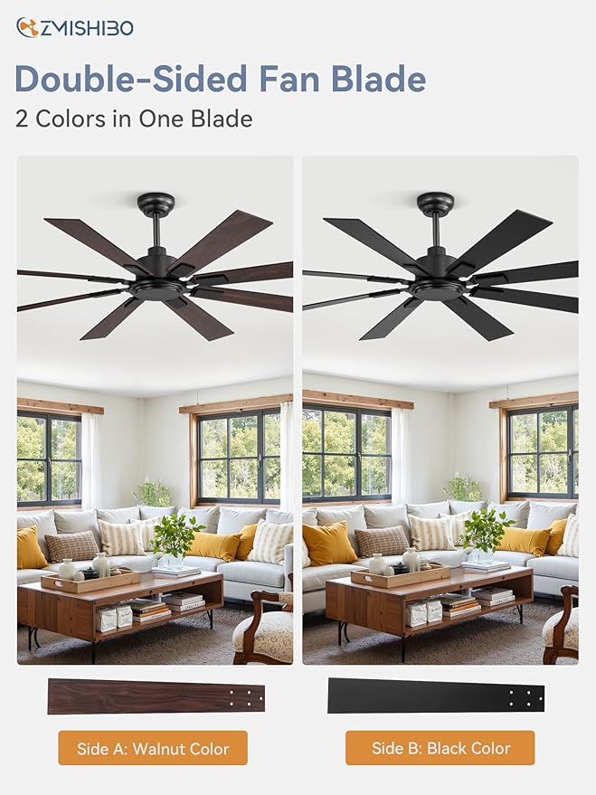62 Inch Ceiling Fan No Light with Remote Control 8 Blades Quiet DC Reversible Motor 6-Speed Timer Black Finish Indoor Outdoor Ceiling Fans for Patios Living Room Garage