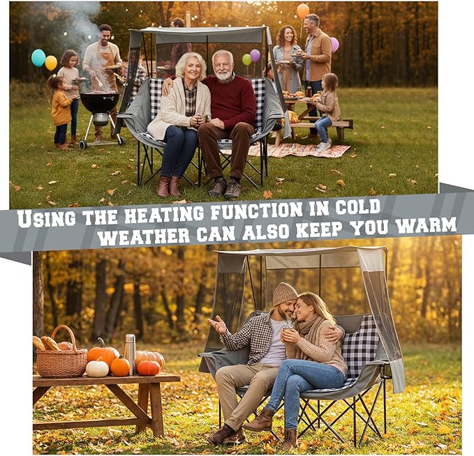 Double Camping Chair with Canopy Shade Oversized Folding Loveseat with Roof 660lbs Heavy Duty Outdoor Lawn Chair with Holders Pocket for Camping Fishing (Heating Zones for Cool Evenings)(Gray Plaid)