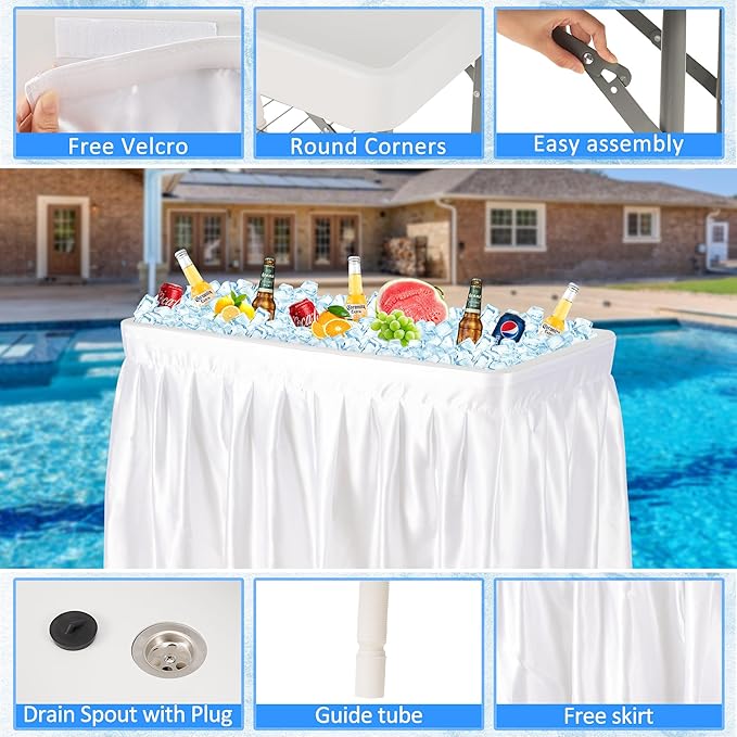 Dragosum Outdoor Cooler Table with Drain Folding Ice Cooler Table with Removable Matching Skirt Portable Table Coolers 4 Foot for Party BBQ Camping Wedding