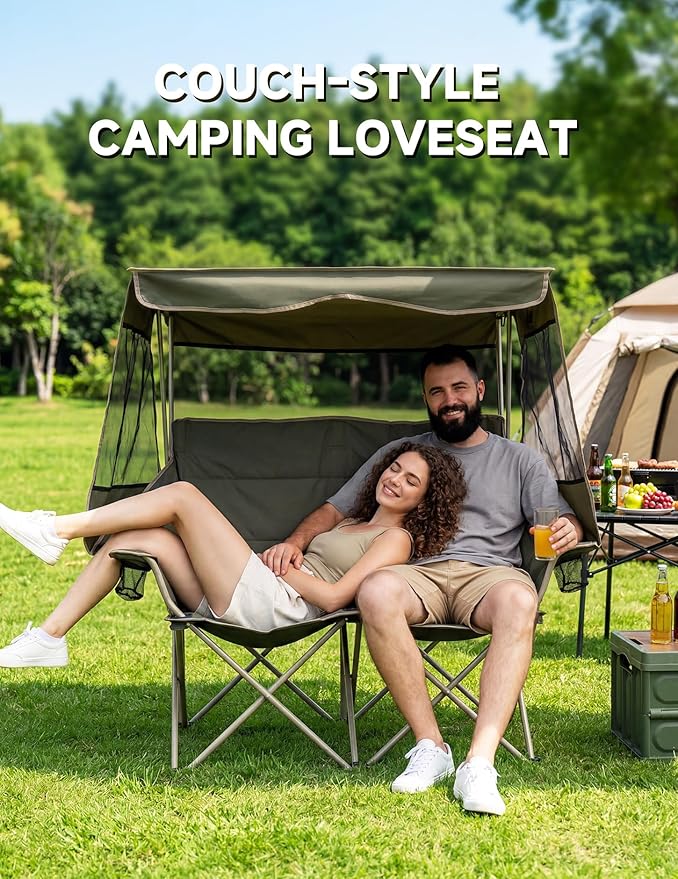 East Oak Double Camping Chair with Canopy | Padded Camping Couch with Maximum Sun Protection 14.7 lbs Lightweight 24'' High Back and 660 LBS Heavy Duty Support