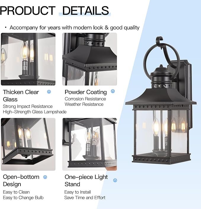 Outdoor Lanterns 21.5 H Large Exterior Sconce Lights 2-Light Black Outdoor Wall Light Fixtures with Clear Glass for Porch Patio Farmhouse