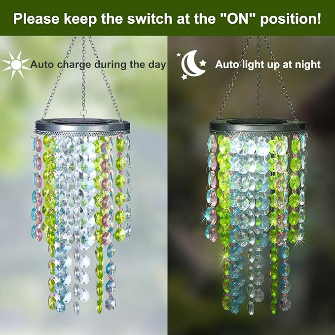 Hanging Solar Crystal Chandelier Outdoor 21” Modern Solar Multicolor Acrylic Beaded Lantern with Cool White LED S Hooks for Garden Yard Patio Gazebo Outside Decor