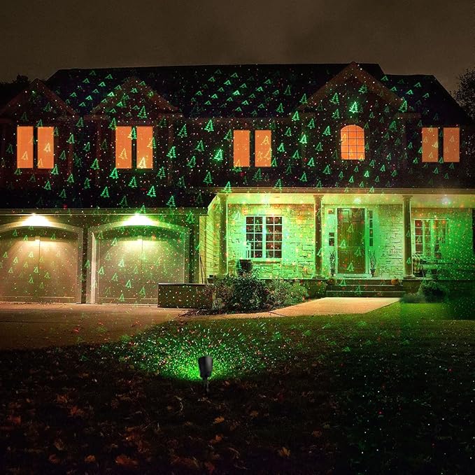 1 BY ONE OUS00-0817 Laser Green Christmas Tree and Red Stars Show Projection Lights for Xmas Holiday Party and Garden Decoration