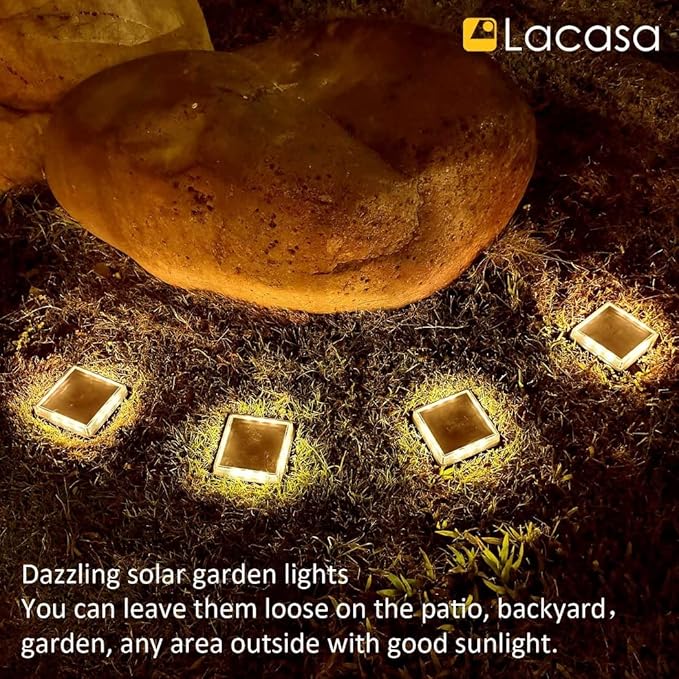 Lacasa Solar Deck Lights 4 Pack Warm White Outdoor In-Ground Driveway Walkway Dock IP68 Waterproof Solar Powered Stair Step Pathway Fence Auto On/Off LED for Garden Yard Patio