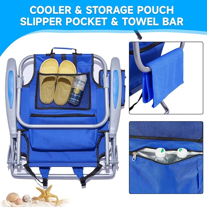 Portable Beach Chair for Adults Outdoor Camping Chair Lay Flat Folding Backpack Beach Reclining Chair with 5 Positions Headrest Zipper Pouch Cup Holder Blue