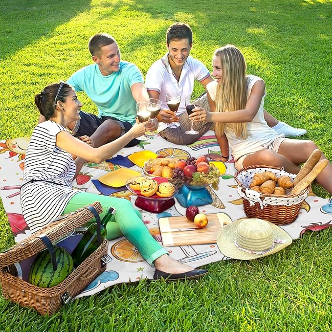 Waterproof Sandproof Beach Blanket 59''×68'' Freedom Ice Cream Polyester Outdoor Picnic Blanket with 4 Stakes &amp Storage Bag for BeachCampingVacation White Bottom