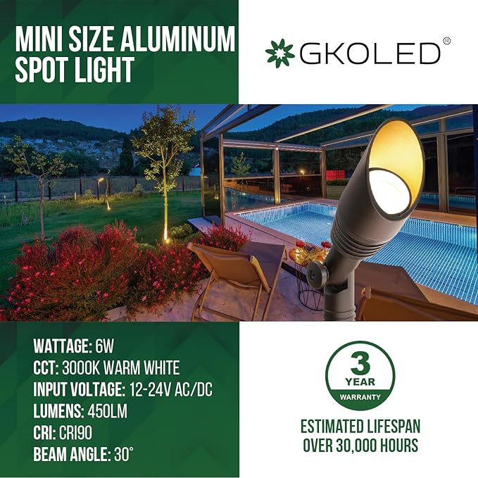 GKOLED 2 Pack LED Low Voltage Spotlight 12V Landscape Lighting Mini Size Outdoor Spot Lights Waterproof Directional Uplights for Garden Yard Metal Stake Die-cast Aluminum 6W 3000k CRI90 Brown
