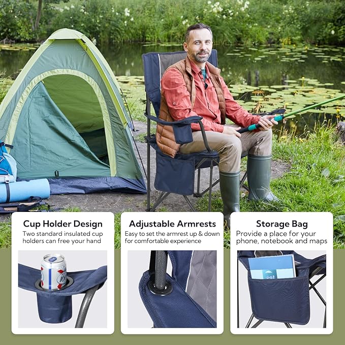 Folding Camping Chairs for Adults Padded Folding Chairs for Outside Heavy Duty with Cup Holders &amp Side Pocket Support up to 500 lbs Blue