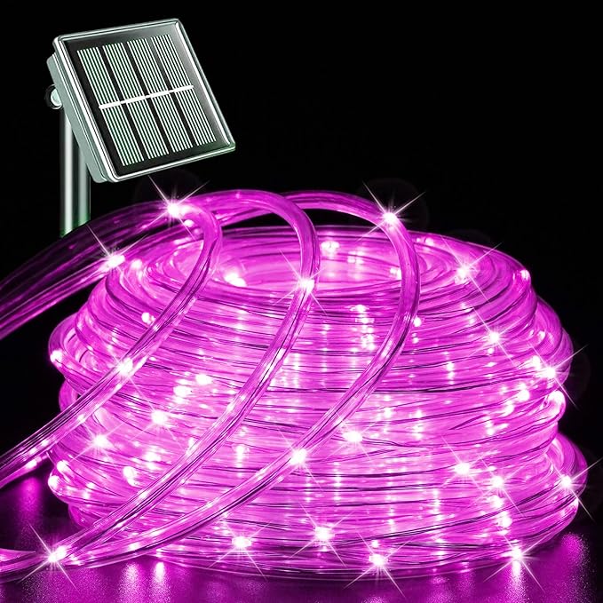YEGUO Solar Valentine’s Day Light Outdoor Waterproof 66ft 200 LED Pink Rope Lights 8 Modes Tube Christmas String Lights in Clear Thin Tube