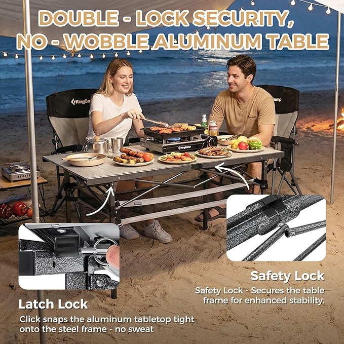 KingCamp Folding Camping Table Aluminum Roll-Up Camp Table Large Foldable Table for 4-6 Person Outdoor Portable Tables with Carry Bag 180 LBS Heavy Duty Load (Silver+Mesh：53.5 × 27.5)