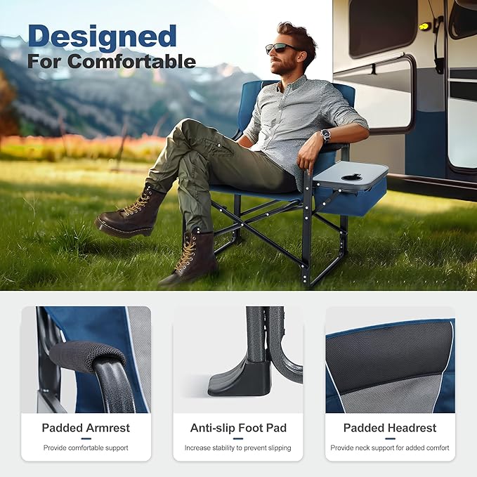 LET'S CAMP Oversized Folding Director Chair Outdoor Heavy Duty Camping Chair with Side Table and Cooler Bag for Picnic Hiking Fishing Supports 350LBS