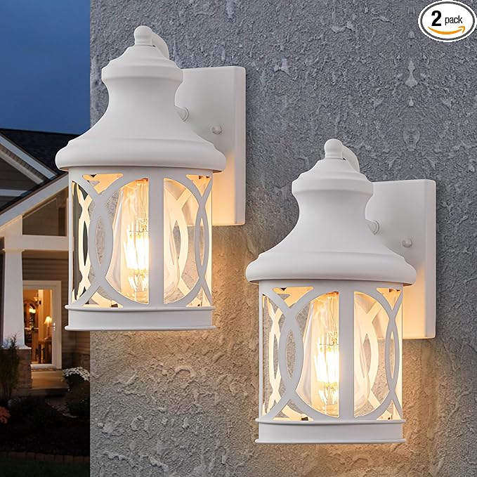 2-Pack Outdoor Wall Lights Porch Lights Waterproof Outdoor Wall Sconce Exterior Light Fixture White with Clear Glass Shade for Garage Patio Front Door Balcony