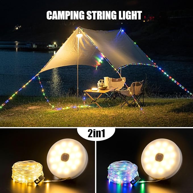 Solar Camping String Lights 4 in 1 Camping String Lights Outdoor(39.4ft) with 8 Lighting Modes Solar Powered and USB Rechargeable Light with Remote Control for Camping Yard and Hiking