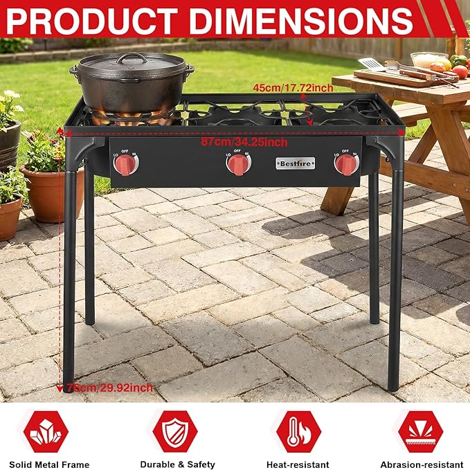 Bestfire 3 Burners Camping Stove for Cooking Outdoor 225000 BTU Propane Burners with Ignition wire&ampRemovable Legs Temperature Control Knobs and 20 PSIG High Pressure Regulator for BBQ