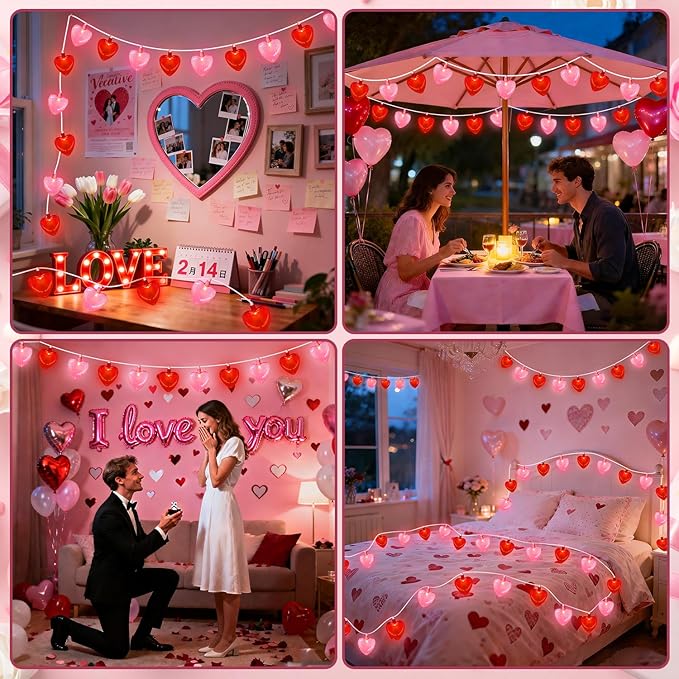 12Ft Red Pink Heart String Lights Valentine's Day Decorations Lights Outdoor Waterproof with 20 LED Clear Heart Light with Glitter for Home Door Fireplace Windows Fence Valentines Day Party Decor