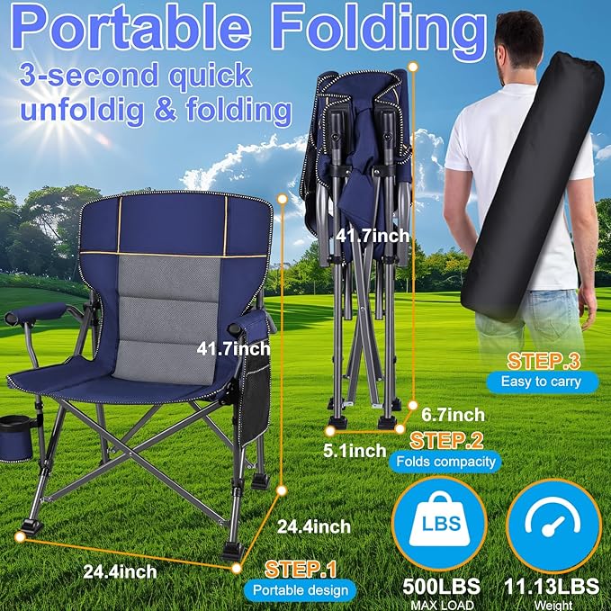 Jill Deaaa® Oversized Camping Chairs Heavy Duty Support 450 LBS Folding Outdoor Chair with Padded Back &amp Arm Folding Lawn Chairs with Side Pockets &amp Cup Holder for Outside Fishing Camp &a