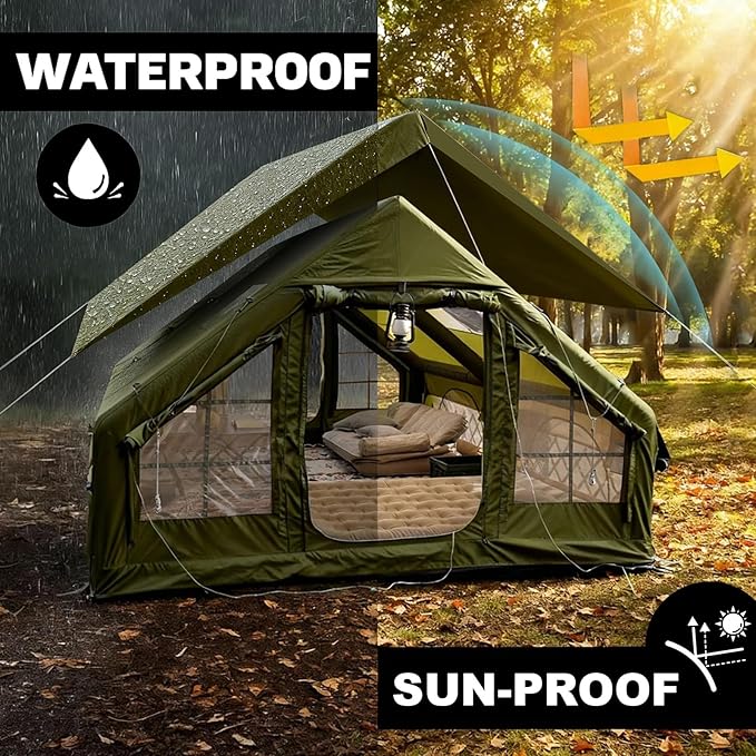 Inflatable Camping Tents 8-10 Person129 Square Feets Large Inflatable Camping Tent with Stove JackBlow up Tent with Mesh Windows &amp Pump