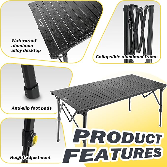 50 Large Folding Camping Table with Adjustable Hight Legs for 2-6 People - Heavy Duty Foldable Camp Table with Roll-Up Aluminum Picnic Table Portable Outdoor Table for CookingBeachBBQParty