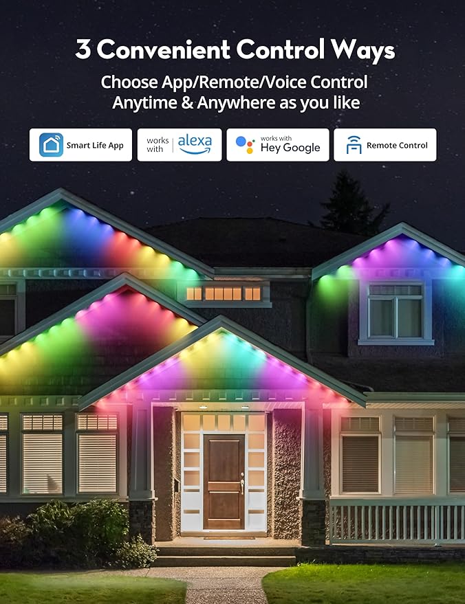 RGB+IC Permanent Outdoor Lights 100Ft Smart Eave Lights String Lights IP67 Waterproof for House Garden Christmas Decor Birthday Gift with Alexa Google Assistant APP/Remote Control