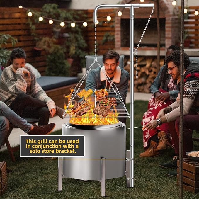 Tripod Campfire Grill with Adjustable Hanging Grate 360° Rotating Fire Pit Grill System Heavy Duty Stainless Steel Outdoor Cooking Stand for Camping &amp Backyard