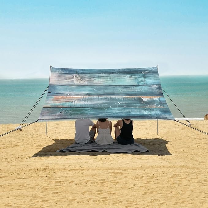Teal Color Wood Pattern Beach Tent Sun Shelter 9.2' x 10.5' Beach Canopy with 4 Sandbags 4 Stability Poles Sand Shovels - Tent Canopy for Beach Camping Fishing Picnics