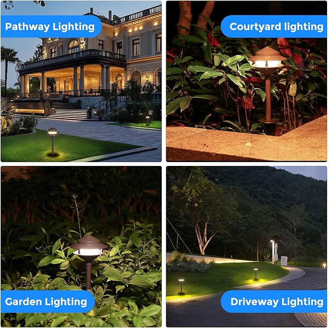 Gardencoin Pagoda Low Voltage Landscape Pathway Lights 12V Outdoor LED Path Lights Wired Aluminum Walkway Lighting with 4W 2700K Replaceable G4 Bulb Bronze Classic 2-Tier Lantern 6 Pack