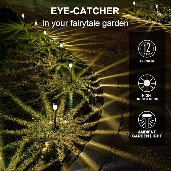 Dream Master Solar Lights Outdoor Waterproof Stainless Steel LED Landscape Lighting Solar Garden Lights Outdoor Decorations for Yard Pathway Walkway Patio Lawn - 12 Pack(Warm White)