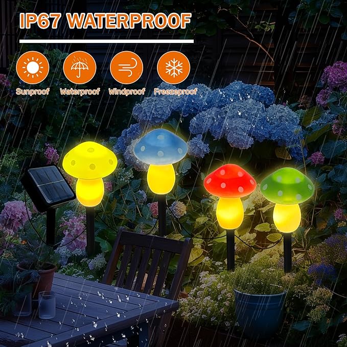 4Pcs Mushroom Solar Lights Outdoor Waterproof Fairy Houses Light Mushroom Garden Decor Decorative Solar Powered Garden Stake Lights for Outside Lawn Walkway Patio Yard (Red/Yellow/Green/Blue)